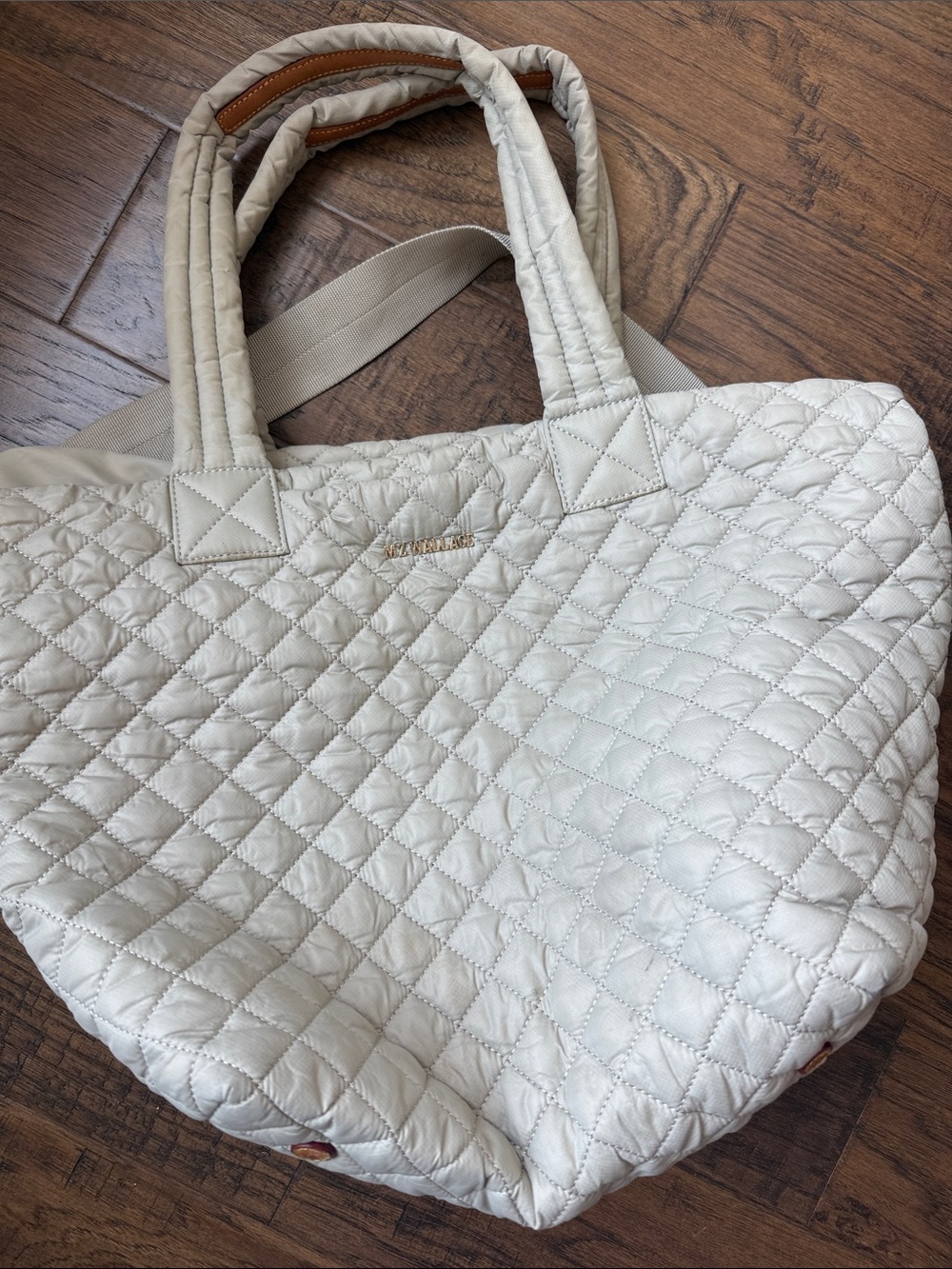 MZ Wallace Quilted Cream Tote with Brown Trim